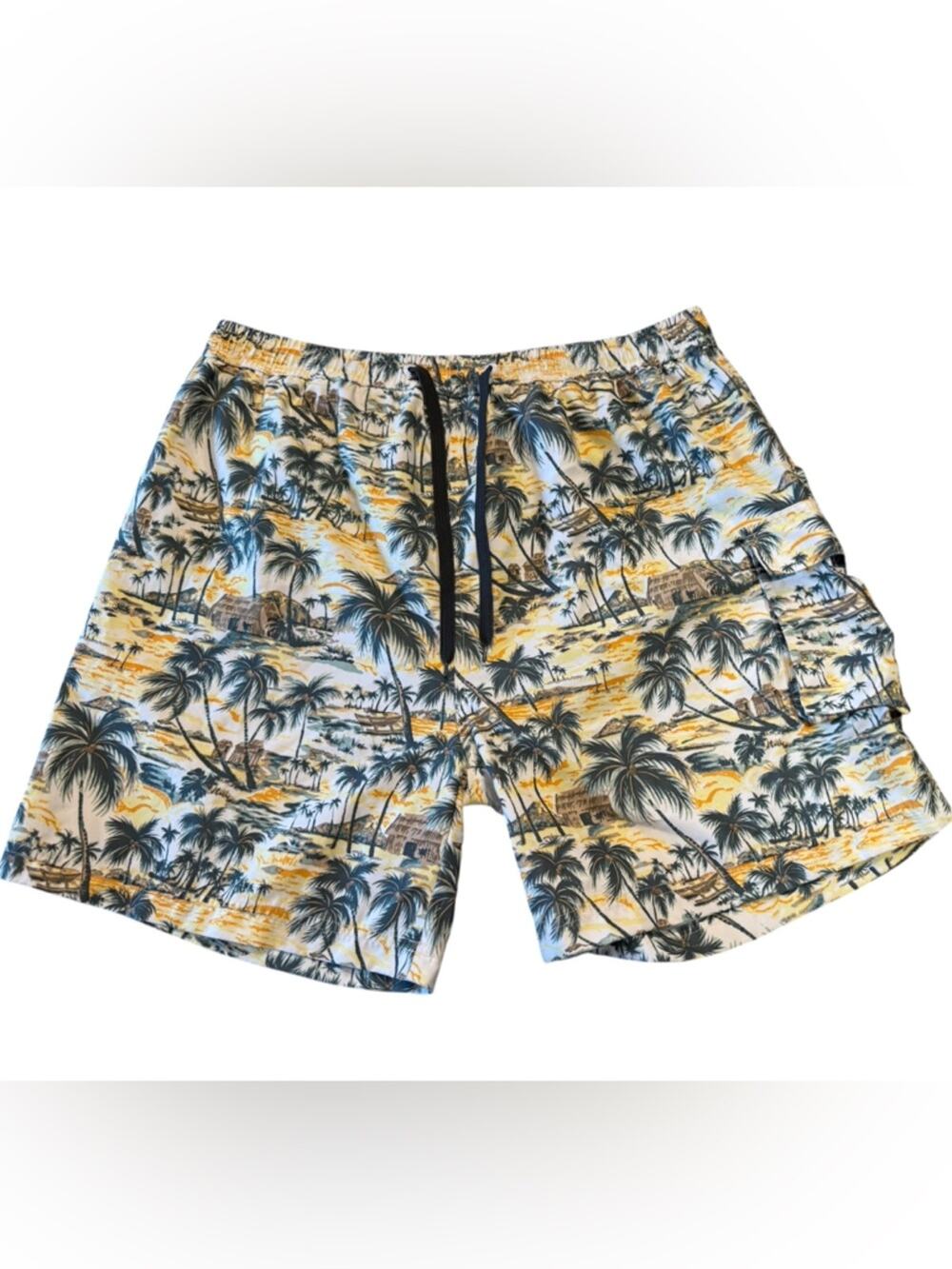 Hawaiian Tropic Men’s XL Tropical Palm Print Swim Trunks in Yellow & Green
